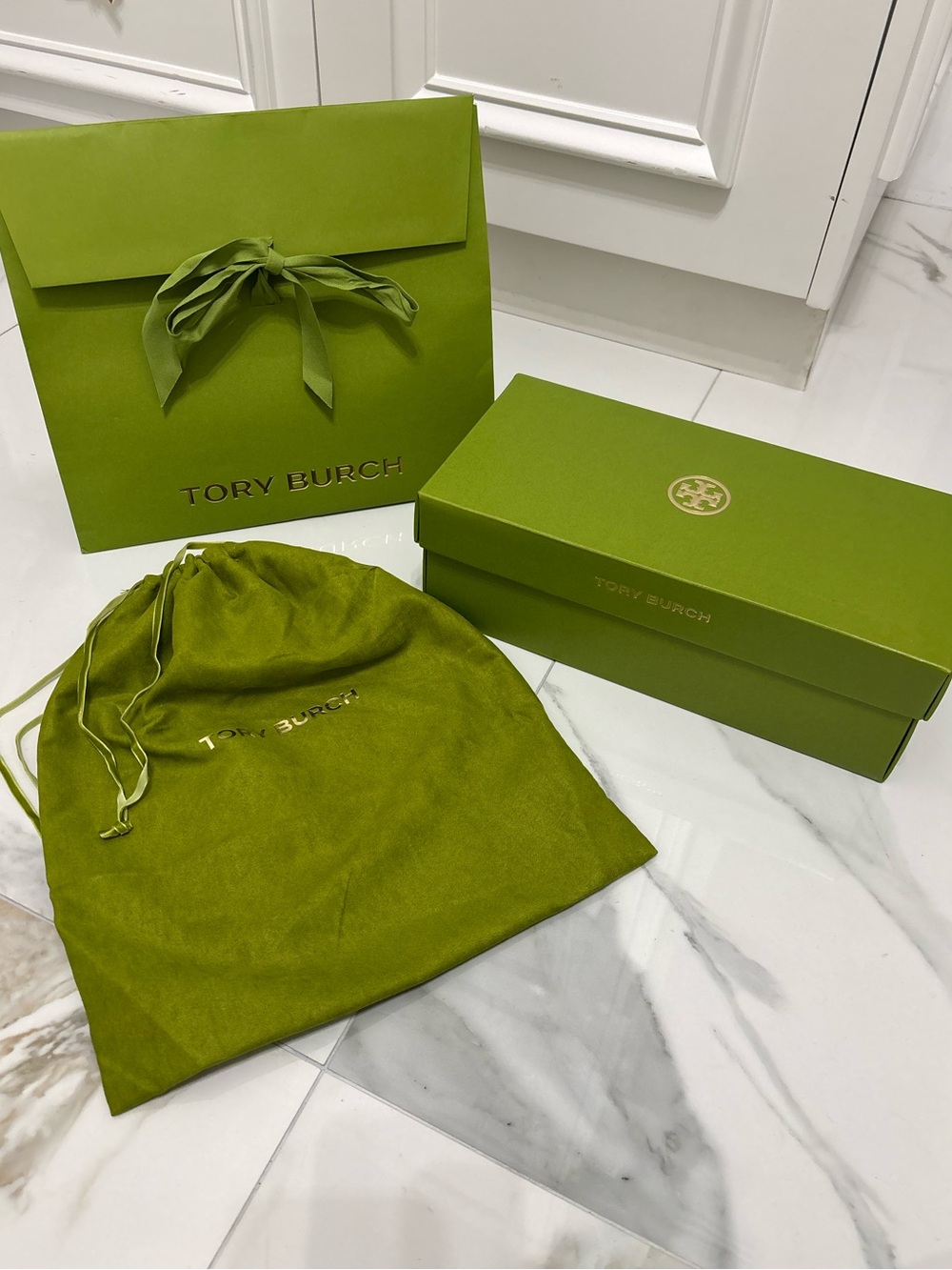 Tory Burch Olive Green Shoe Box & Dust Bag Set